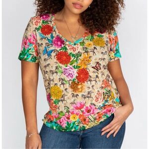 Johnny Was Lace Garden Favorite short-sleeve V-neck tee-Equestrian